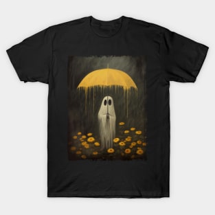 Halloween Cute boo stand with umbrella sunflower garden,Gothic Art Poster, Art Poster Print, Haunting Ghost, Halloween Decor,Field Art Poster T-Shirt